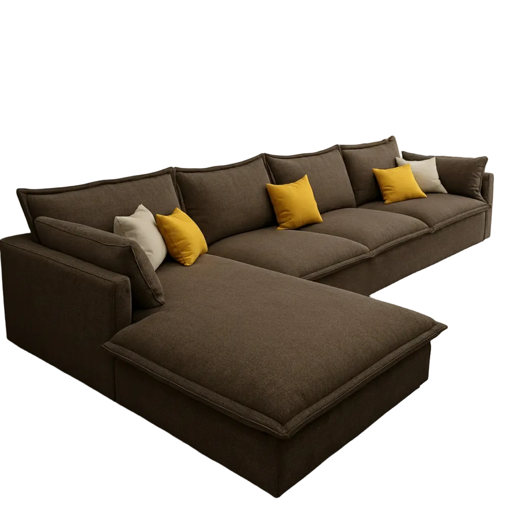 Sofa L Shape - Natural Wood - Linen Fabric - Brown - 300x180x85 cm