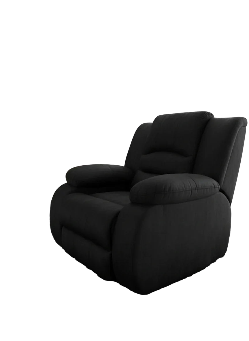 Black recliner chair in a living room setting with a TV and decor.