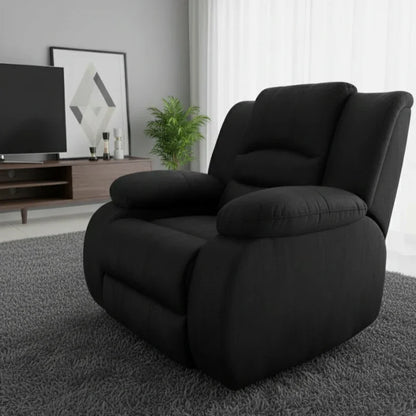 Black recliner chair in a living room setting with a TV and decor.