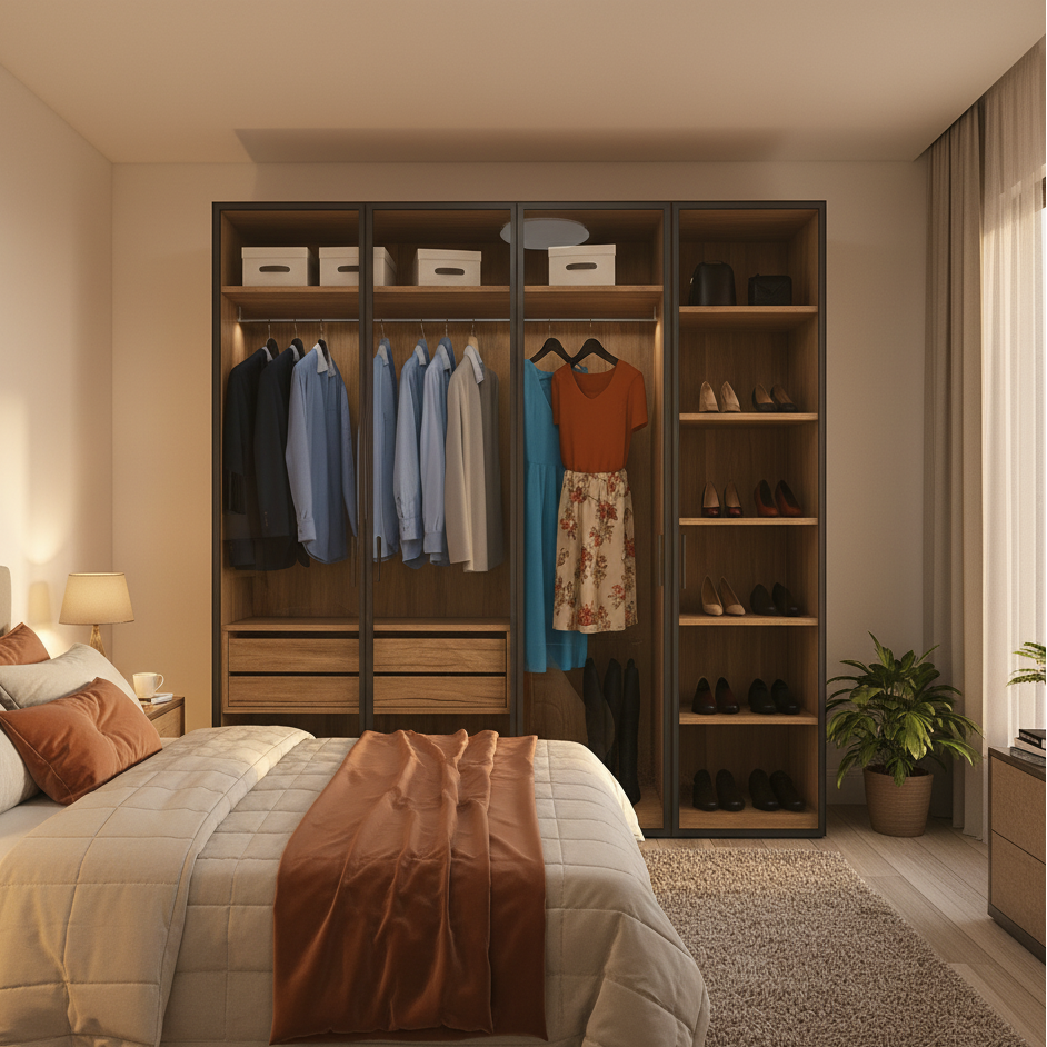 Modern bedroom with a wardrobe, bed, and shelves.