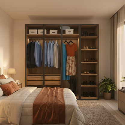 Modern bedroom with a wardrobe, bed, and shelves.