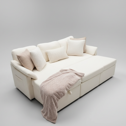 Beige sectional sofa with cushions and a blanket in a living room.