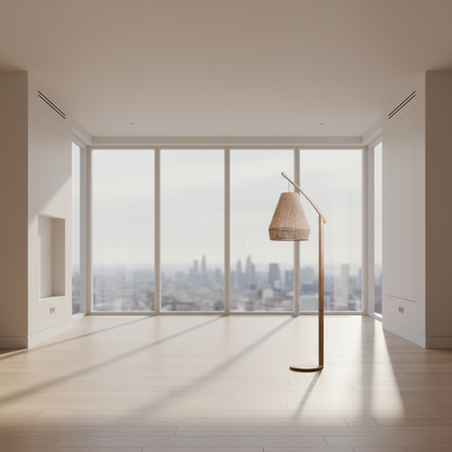 Woven lampshade with wooden stand on a white background