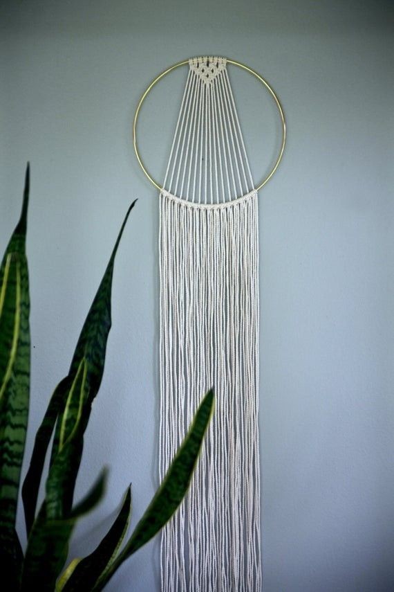 Macrame wall hanging with a plant in the foreground on a light gray background