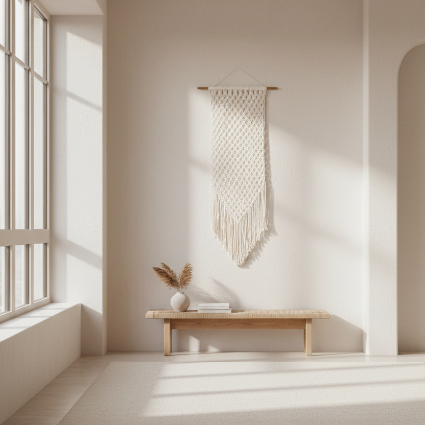 Minimalist interior with a wooden bench, decorative vase, and wall hanging in a softly lit room.