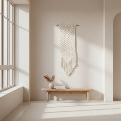 Minimalist interior with a wooden bench, decorative vase, and wall hanging in a softly lit room.