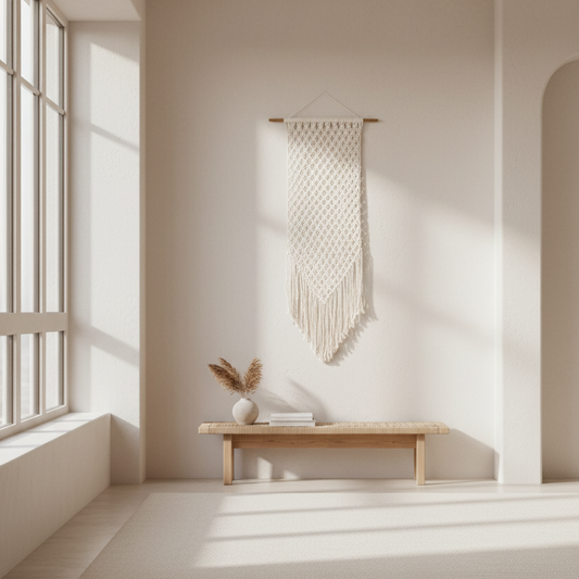 Minimalist interior with a wooden bench, decorative vase, and wall hanging in a softly lit room.