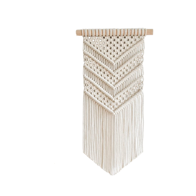 Macrame wall hanging with chevron pattern next to a vase with dried flowers on a white background