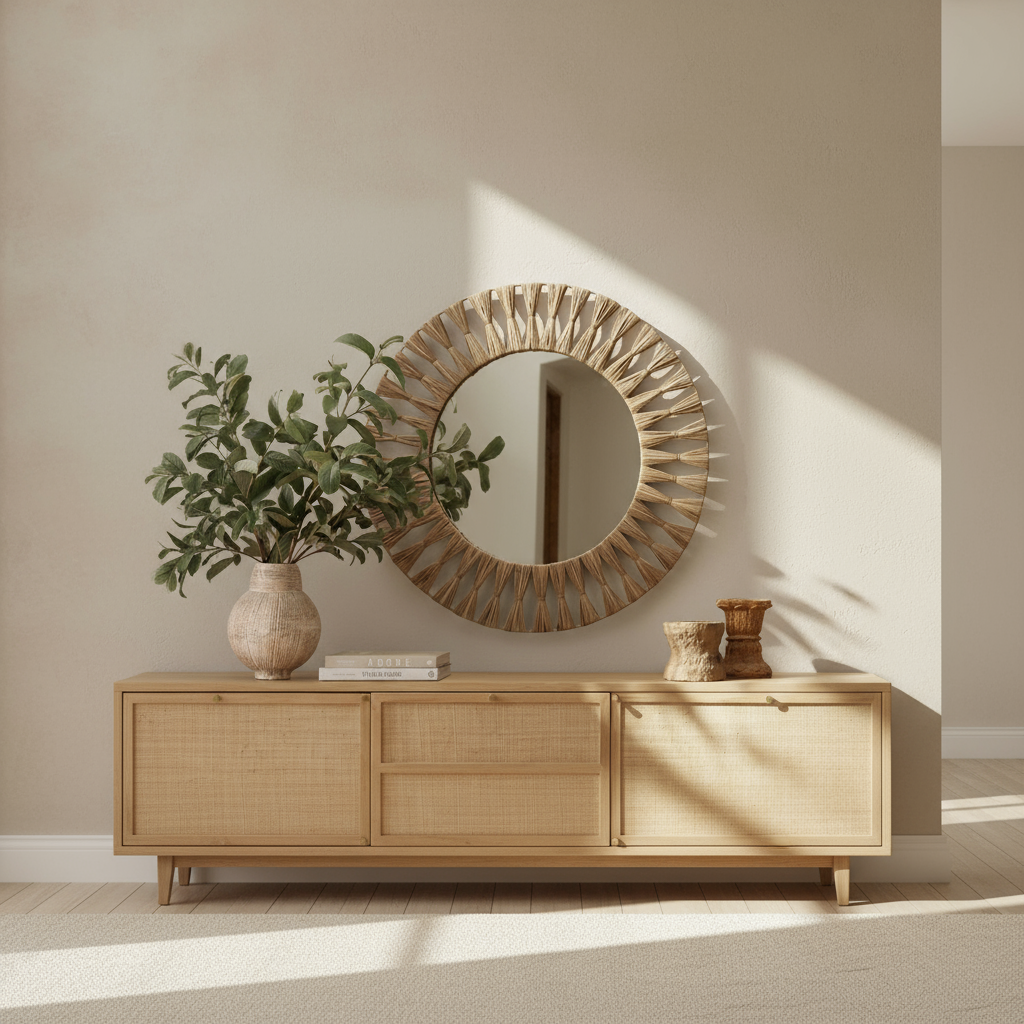 Round wooden mirror on a wooden console table with plants and books.