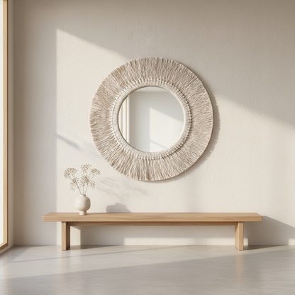 Round mirror with fringe trim on a neutral background