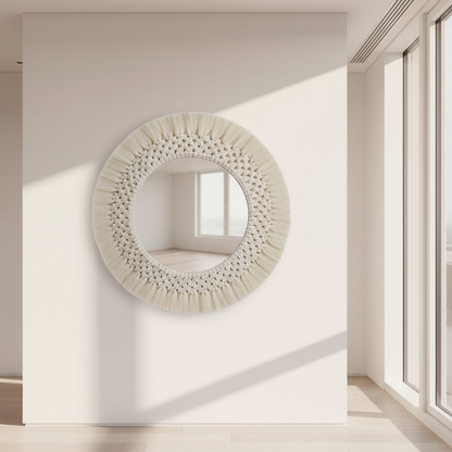 Decorative round mirror on a white wall in a bright room with large windows.