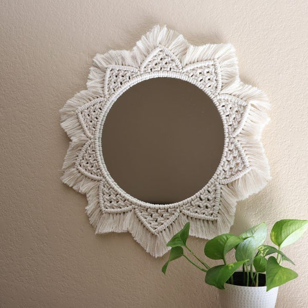 مرآة مكرمية - خيوط قطنية - ؤف وايت  - 50 × 50 سم