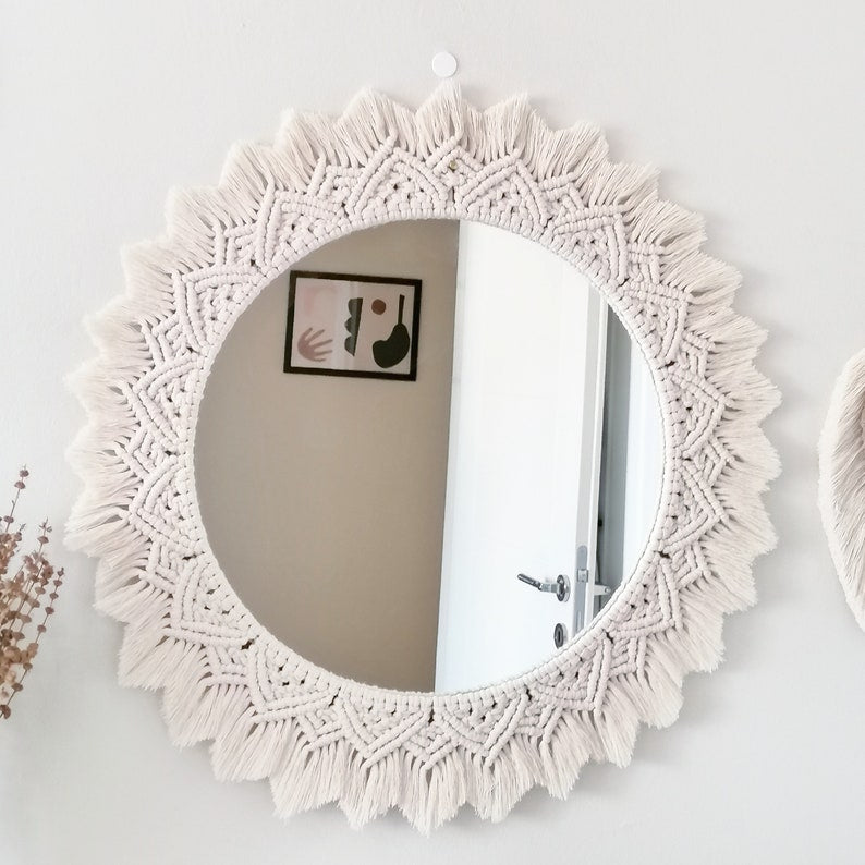 مرآة مكرمية - خيوط قطنية -  ؤف وايت- 50 × 50 سم