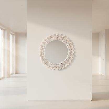 Round mirror with macrame frame on a white wall