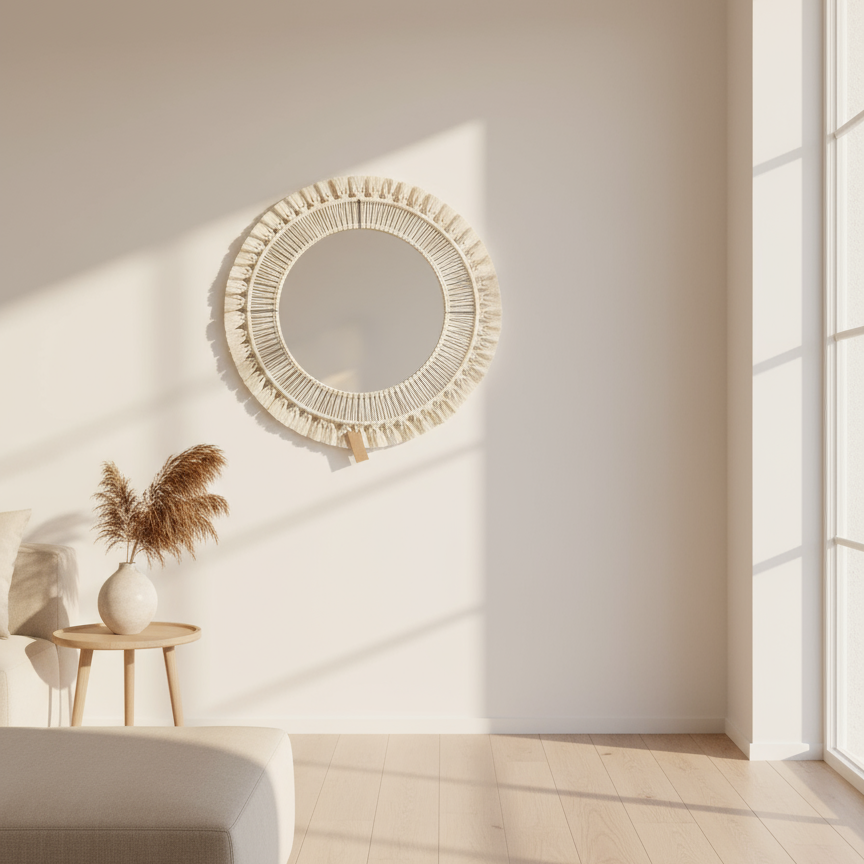 مرآة مكرمية - خيوط قطنية - ؤف وايت - 60 × 60 سم