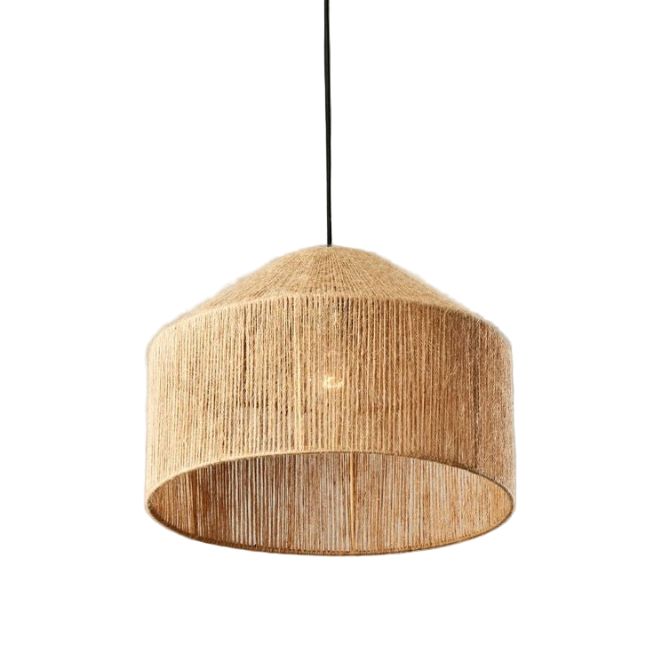 Woven pendant light on a gray background