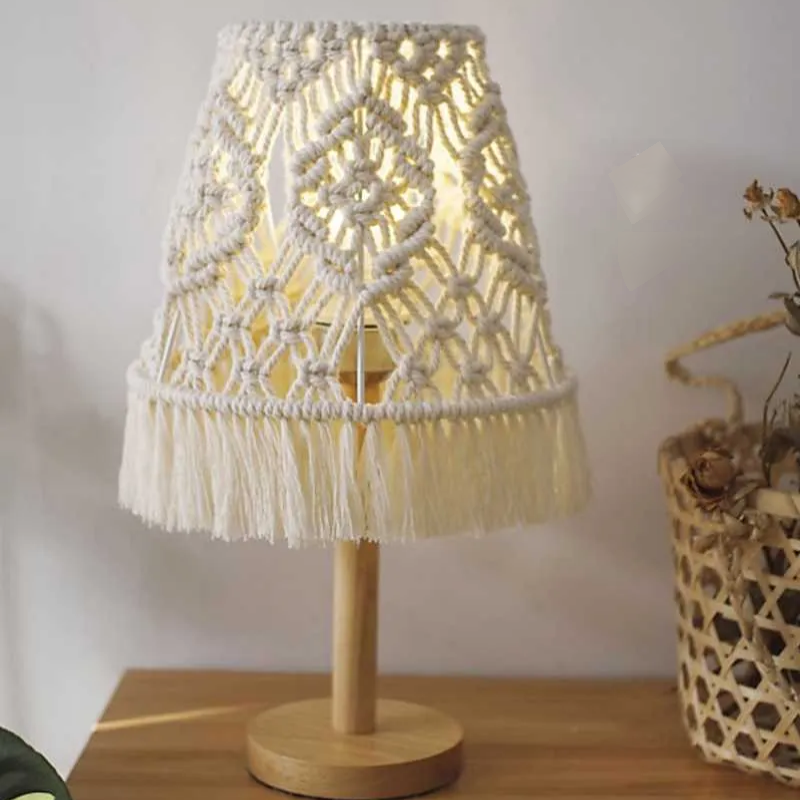 Table Lamp - Beech Wood & Cotton Yarn- Off White & Beige - 45x28 cm