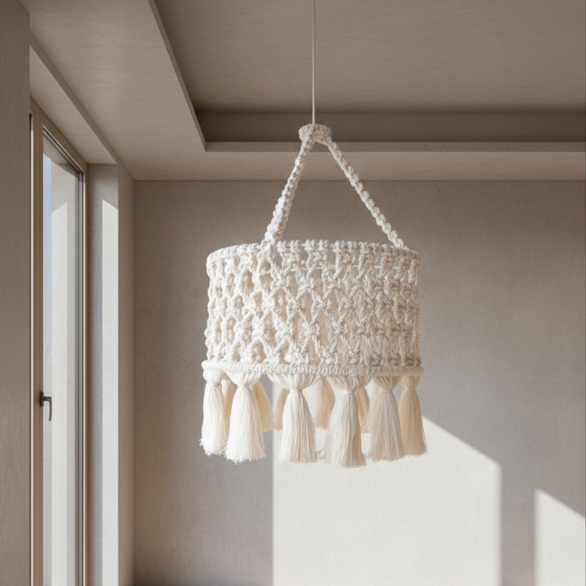 Macrame pendant light hanging in a room with natural light
