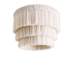 White tiered lampshade hanging in a room with flowers and a wooden frame in the background.