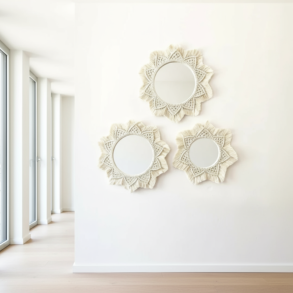 مجموعة من مرايات المكرمية - خيوط قطنية - ؤف وايت- متعددة المقاسات