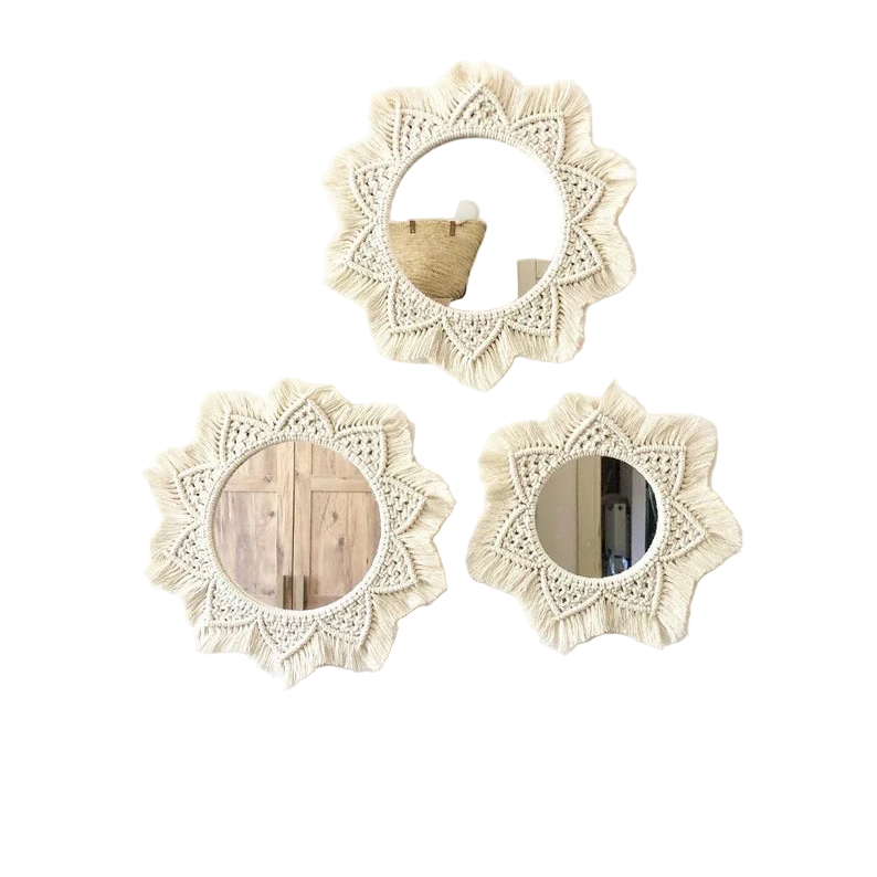 مجموعة من مرايات المكرمية - خيوط قطنية - ؤف وايت- متعددة المقاسات