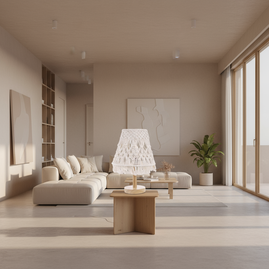 Table Lamp - Beech Wood & Cotton Yarn  - Off White & Beige - 45x28 cm