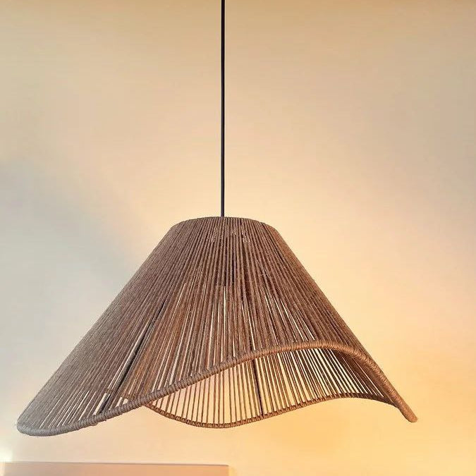 Wooden pendant light fixture on a neutral background