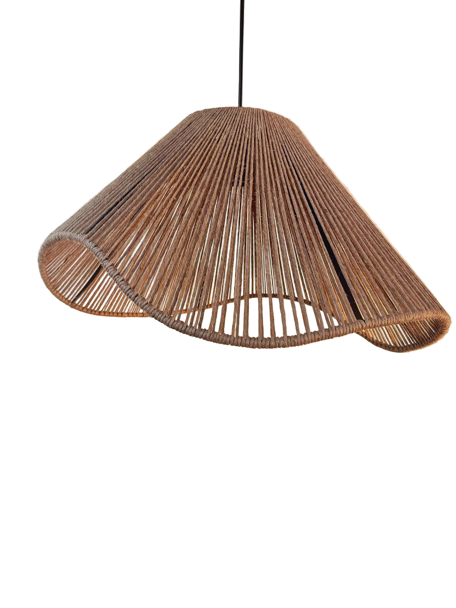 Woven pendant light hanging in a room with a plant and wall art.