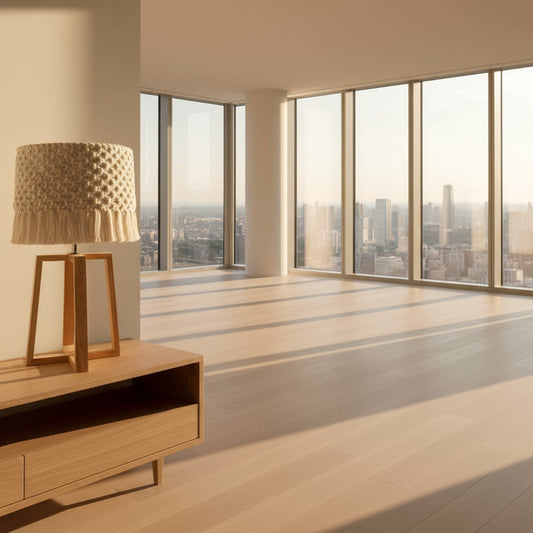 Table lamp with woven lampshade and wooden base on a black surface, with a guitar in the background.