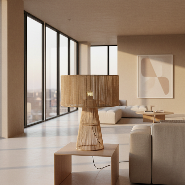 Woven table lamp with natural finish on a white background