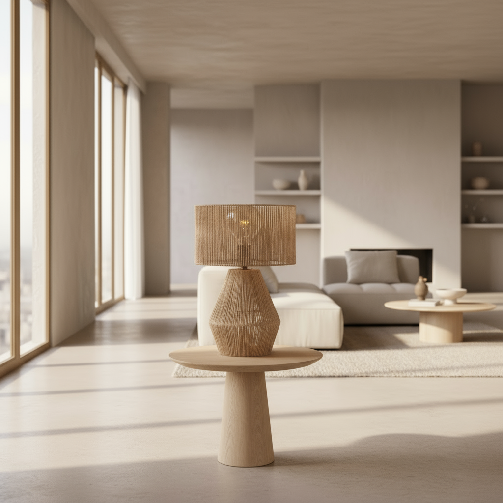 Woven lamp on a small round table next to a textured chair with a blanket draped over it, against a white wall.