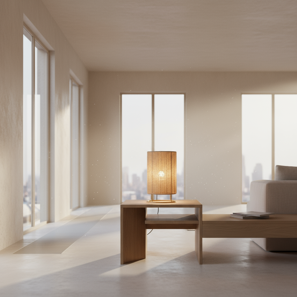 Table lamp with woven design on a white background