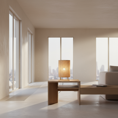 Table lamp with woven design on a white background