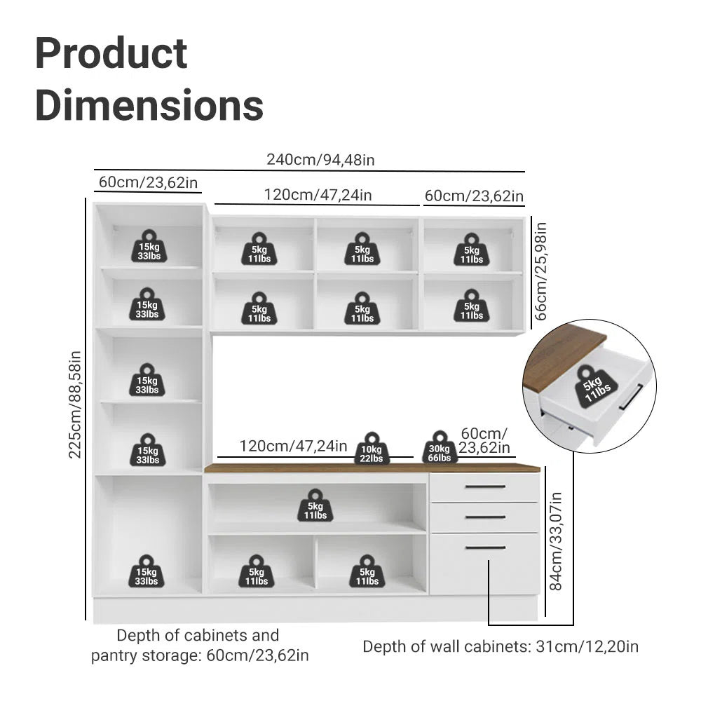 Kitchen - MDF - 3 Piece - White - 240x225x60 cm