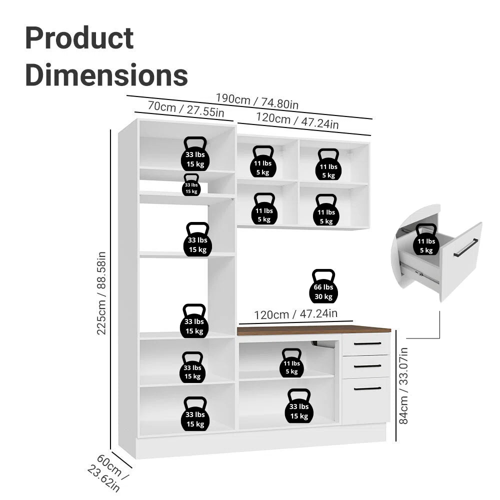 Kitchen - MDF - White - 3 piece - 190x120x60 cm
