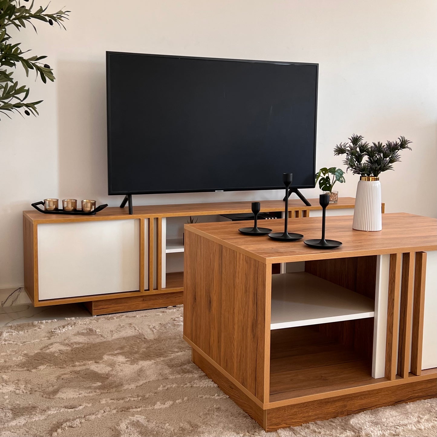 Bundle of TV Table and Coffee Table - MDF Wood - Brown & White