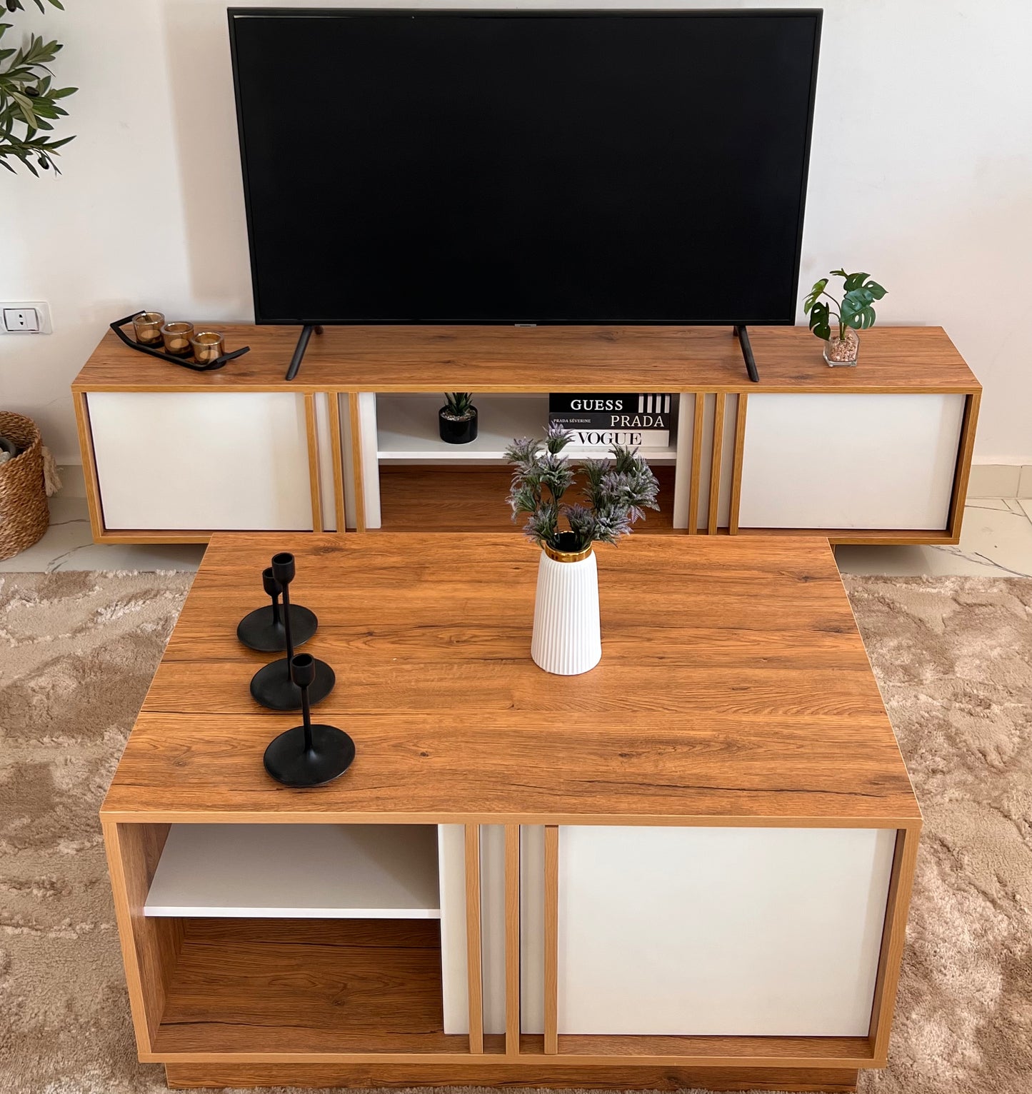 Bundle of TV Table and Coffee Table - MDF Wood - Brown & White