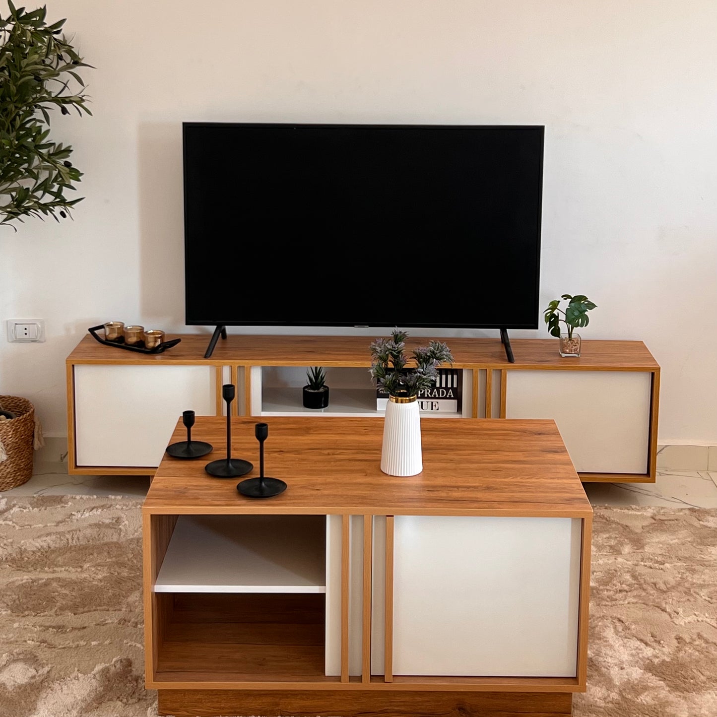 Bundle of TV Table and Coffee Table - MDF Wood - Brown & White