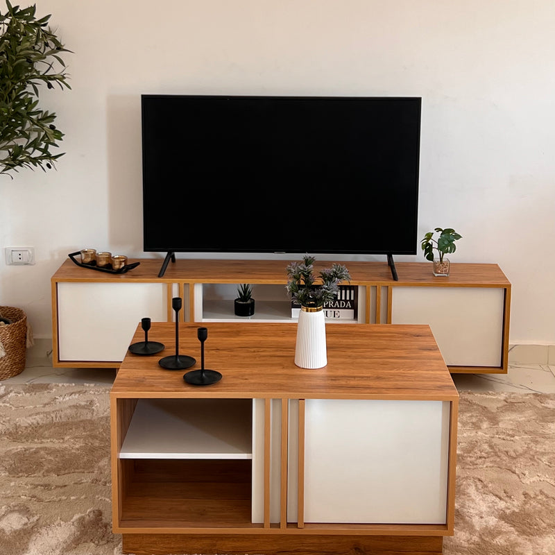 Bundle of TV Table and Coffee Table - MDF Wood - Brown & White