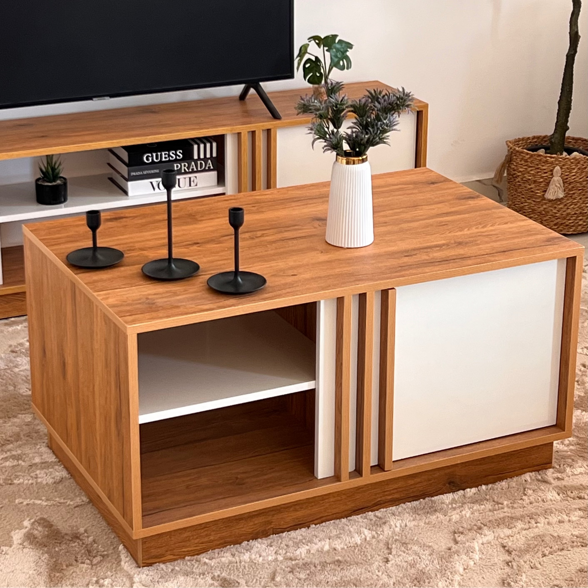 Bundle of TV Table and Coffee Table - MDF Wood - Brown & White
