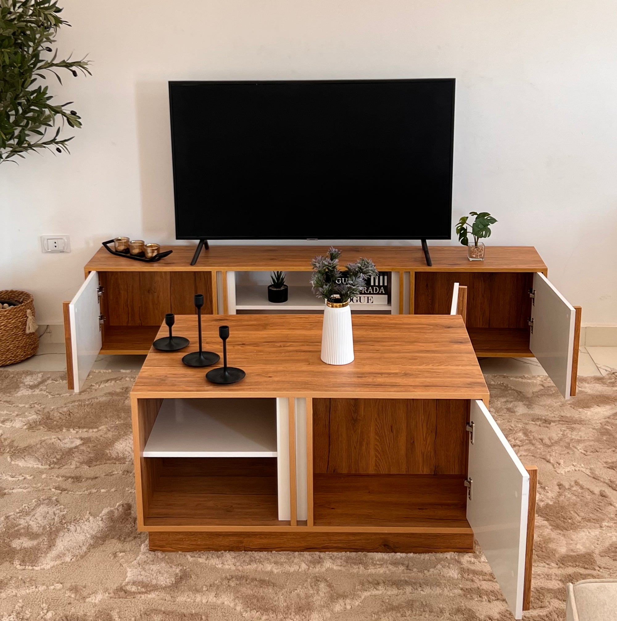 Bundle of TV Table and Coffee Table - MDF Wood - Brown & White