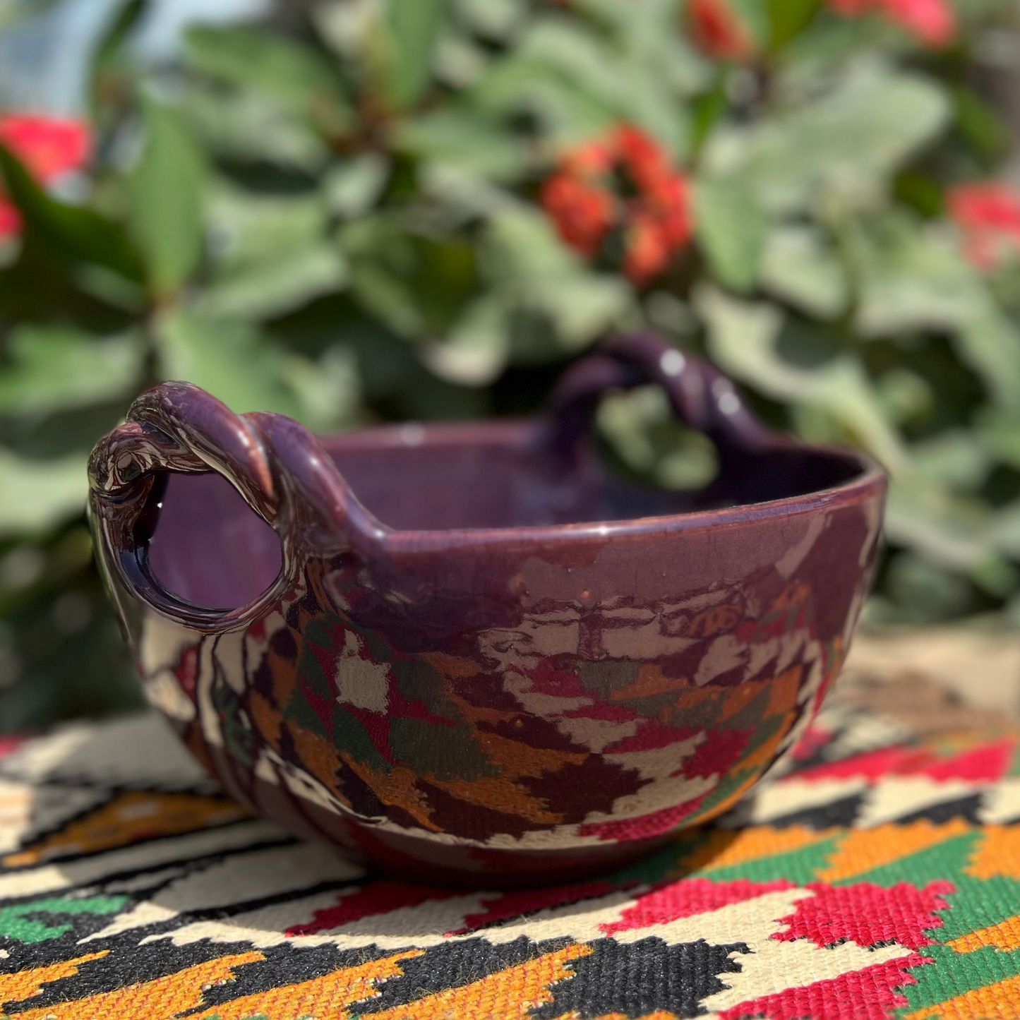 Fruit Bowl With Braided Handle - Pottery - Purple - 22 cm