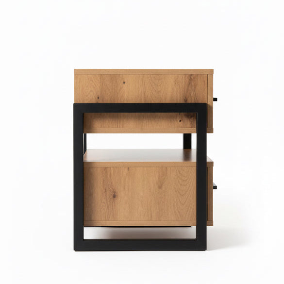 Wooden side table with black metal frame on a white background