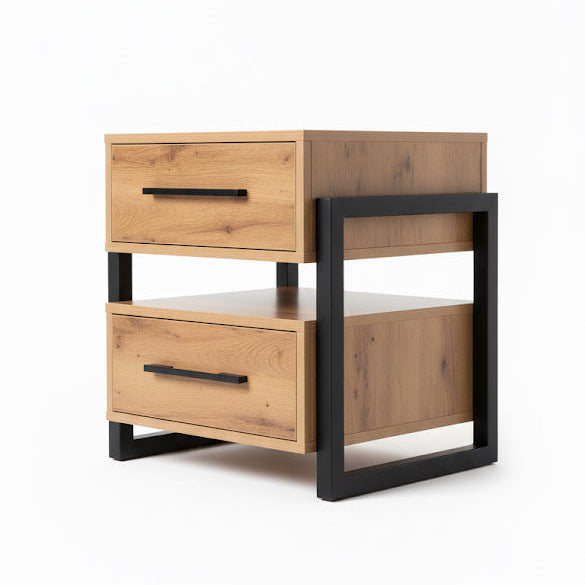 Wooden nightstand with black metal frame on a white background