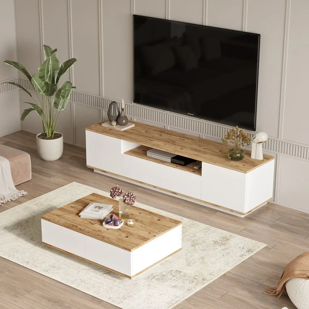 Bundle (TV Unit & Coffee Table) - MDF Wood - White & Beige - Cataloug