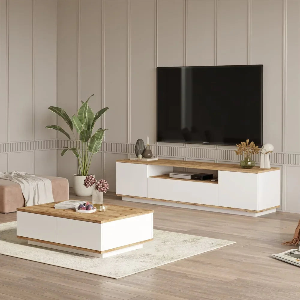 Bundle (TV Unit & Coffee Table) - MDF Wood - White & Beige - Cataloug