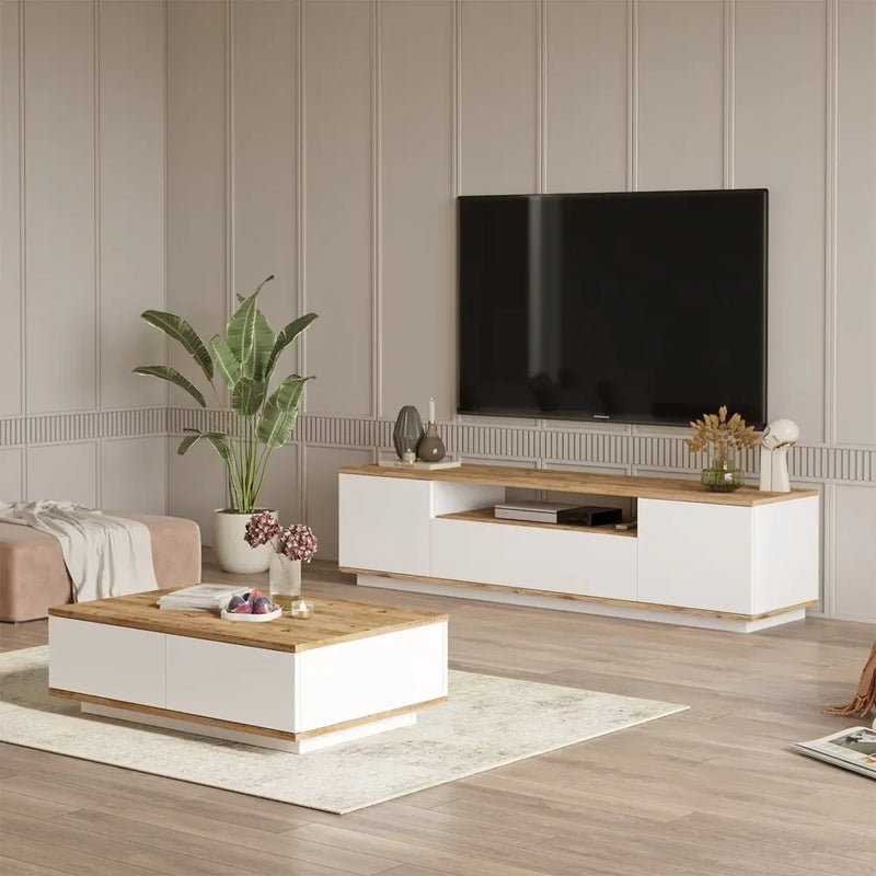 Bundle (TV Unit & Coffee Table) - MDF Wood - White & Beige - Cataloug