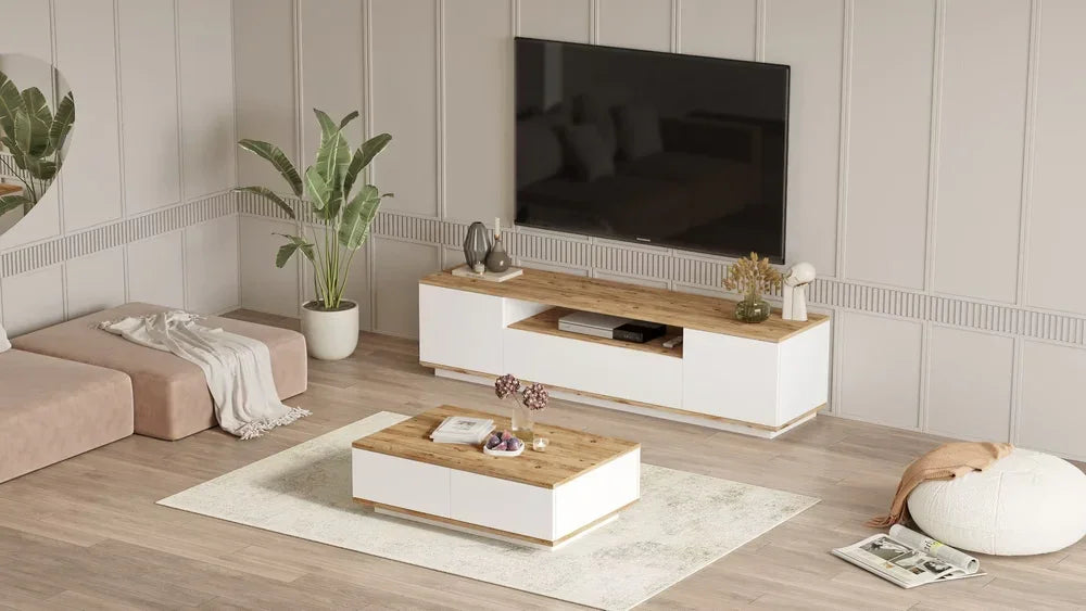 Bundle (TV Unit & Coffee Table) - MDF Wood - White & Beige - Cataloug