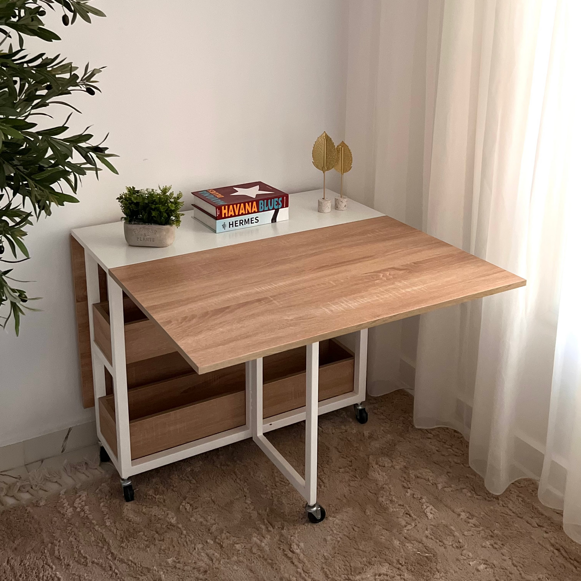 Wooden desk with white top in a room with a plant and books.