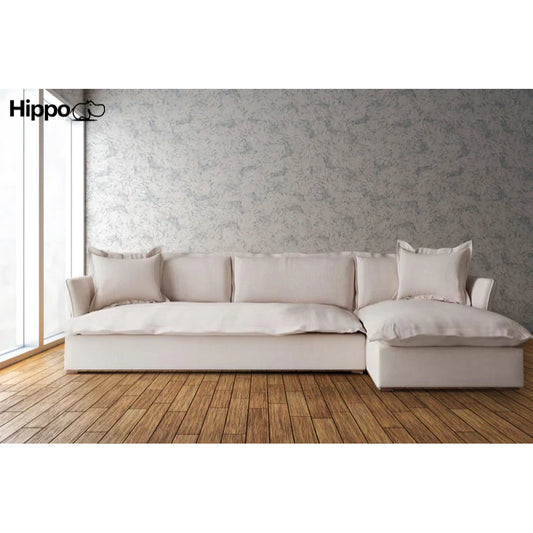 Sofa L Shape - Natural Wood - Multi Fabrics - Off White - 300 x 175 x 95 x 80 cm
